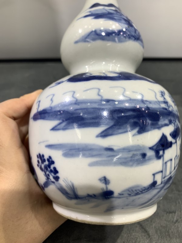 清晚期青花山水楼阁纹葫芦瓶 - 图8