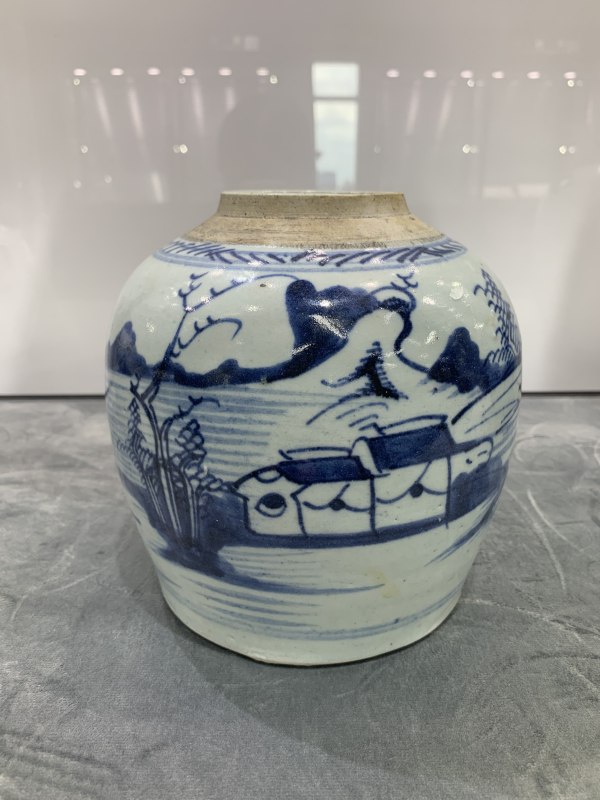 清中期青花山水楼阁纹罐 - 图2