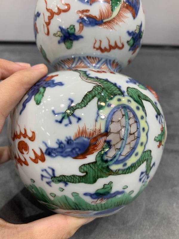 清晚期青花五彩四灵图兽耳葫芦瓶 - 图13