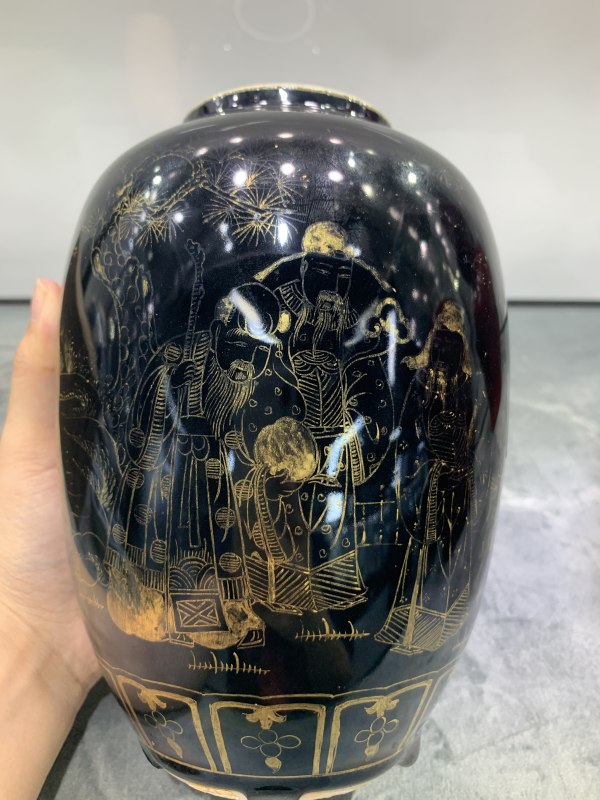 民国乌金釉描金福禄寿三星纹罐 - 图9