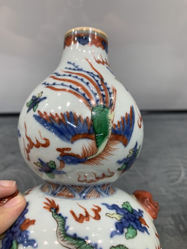 清晚期青花五彩四灵图兽耳葫芦瓶 - 图14