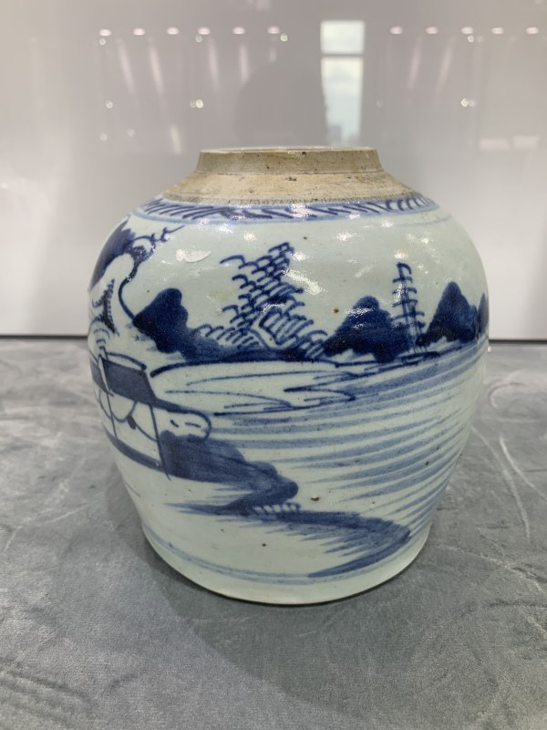 清中期青花山水楼阁纹罐 - 图3