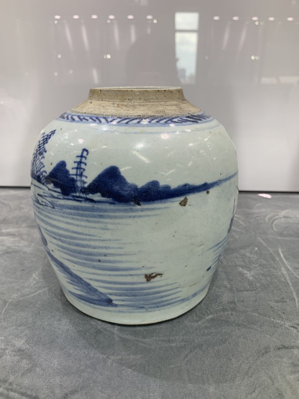 清中期青花山水楼阁纹罐 - 图4