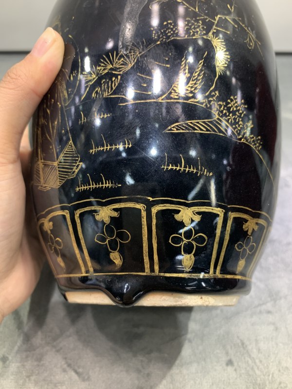 民国乌金釉描金福禄寿三星纹罐 - 图11