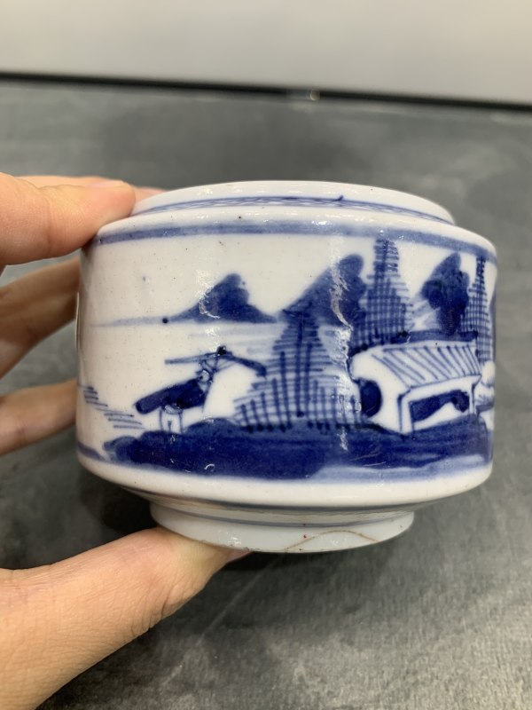 清乾隆青花山水楼阁纹水盂 - 图2