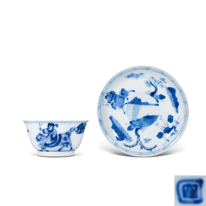 清康熙青花货郎图杯碟一套