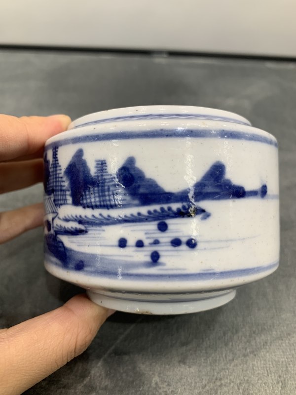 清乾隆青花山水楼阁纹水盂 - 图4