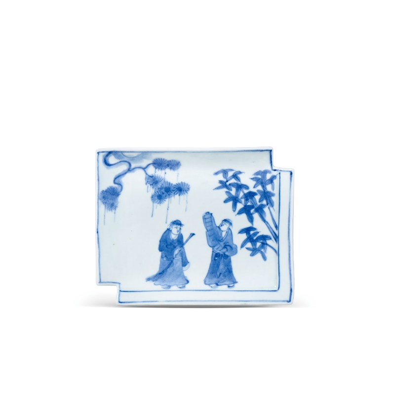 清中期青花和合二仙纹方胜形盘