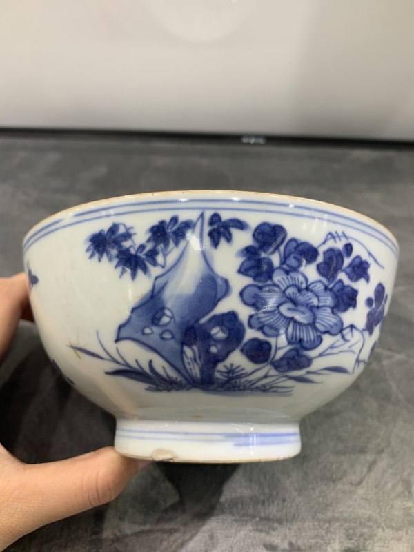 清康熙青花洞石牡丹花卉纹碗 - 图5