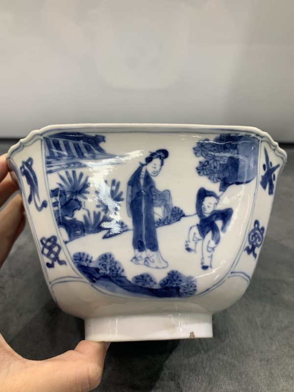 清康熙青花教子图四方倭角碗 - 图2