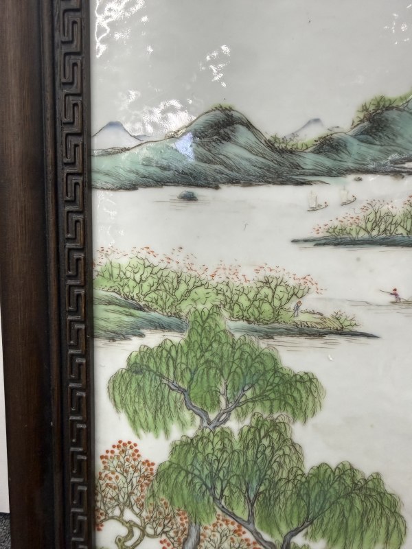 民国粉彩山水人物纹瓷板（带木框） - 图4