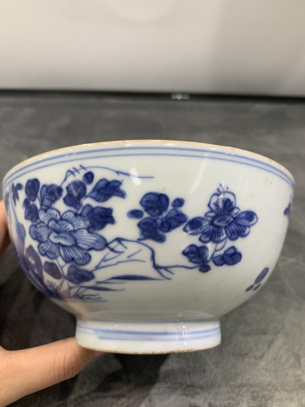 清康熙青花洞石牡丹花卉纹碗 - 图6