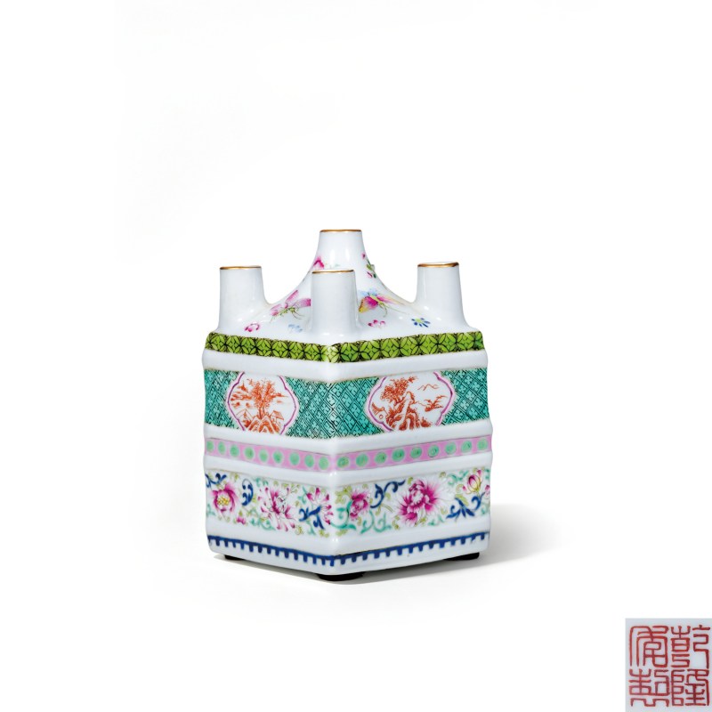 清晚期粉彩开光山水纹五孔花插 - 图1