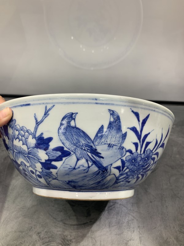 清晚期青花雉鸡牡丹纹大碗 - 图2