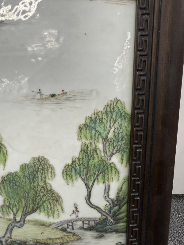 民国粉彩山水人物纹瓷板（带木框） - 图5
