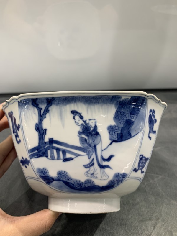 清康熙青花教子图四方倭角碗 - 图4