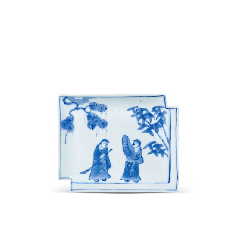 清中期青花和合二仙纹方胜形盘