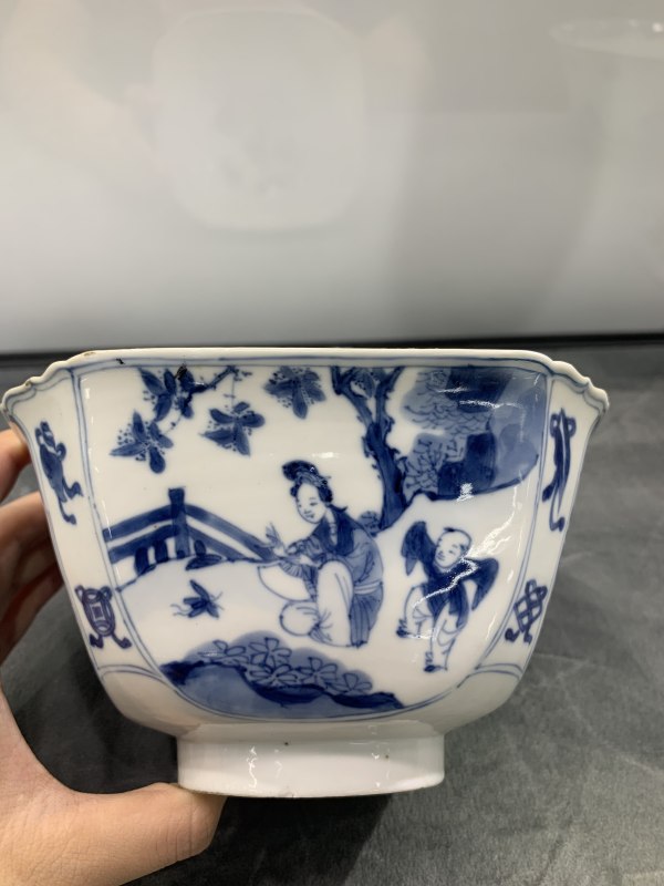 清康熙青花教子图四方倭角碗 - 图5