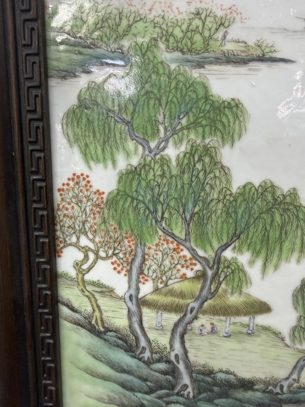 民国粉彩山水人物纹瓷板（带木框） - 图6