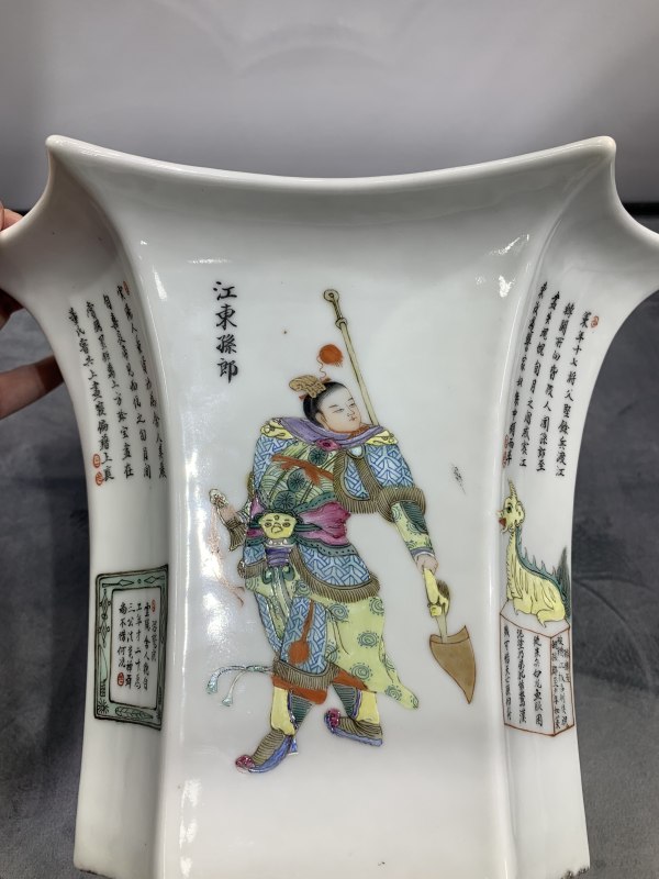民国粉彩无双谱人物故事纹诗文八方花盆 - 图2