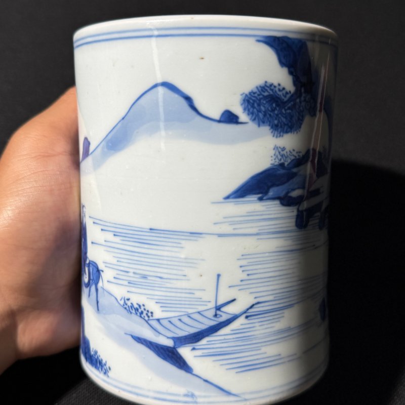 清康熙 青花高士访友图笔筒 - 图6