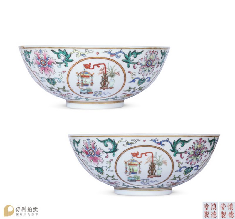 清道光 洋彩宝相莲花开光“博古丰登”图大碗成对