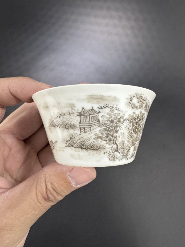 清雍正 墨彩通景高士山水图马蹄杯 - 图8