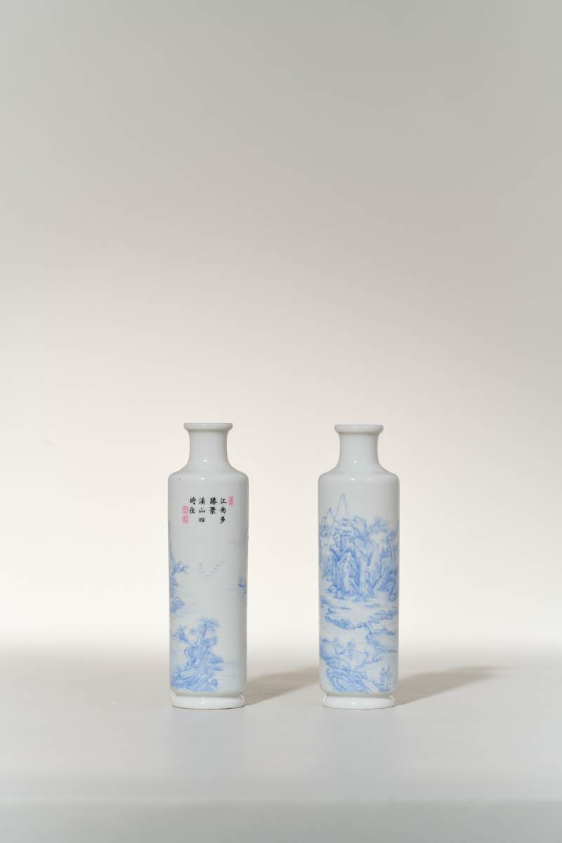 民国 蓝料彩山水诗文棒槌瓶（一对） - 图2