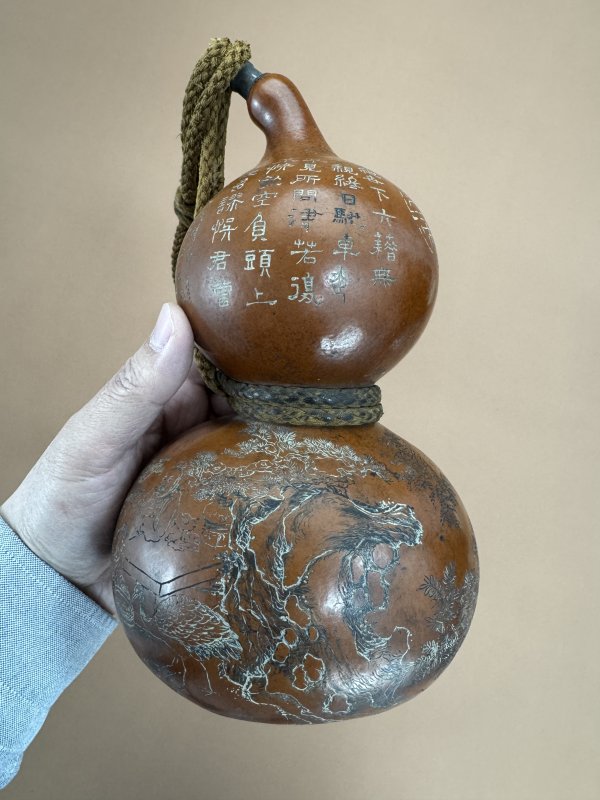 清 高翔款诗文高士观鹤图葫芦 - 图5