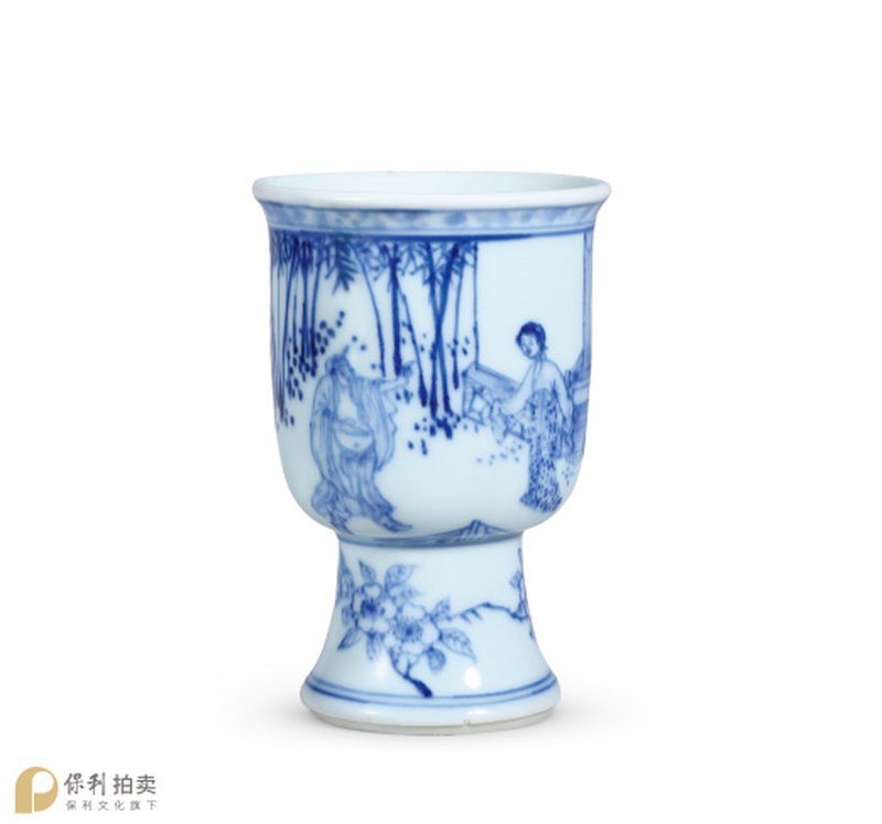 清顺治 青花西厢记故事高足杯
