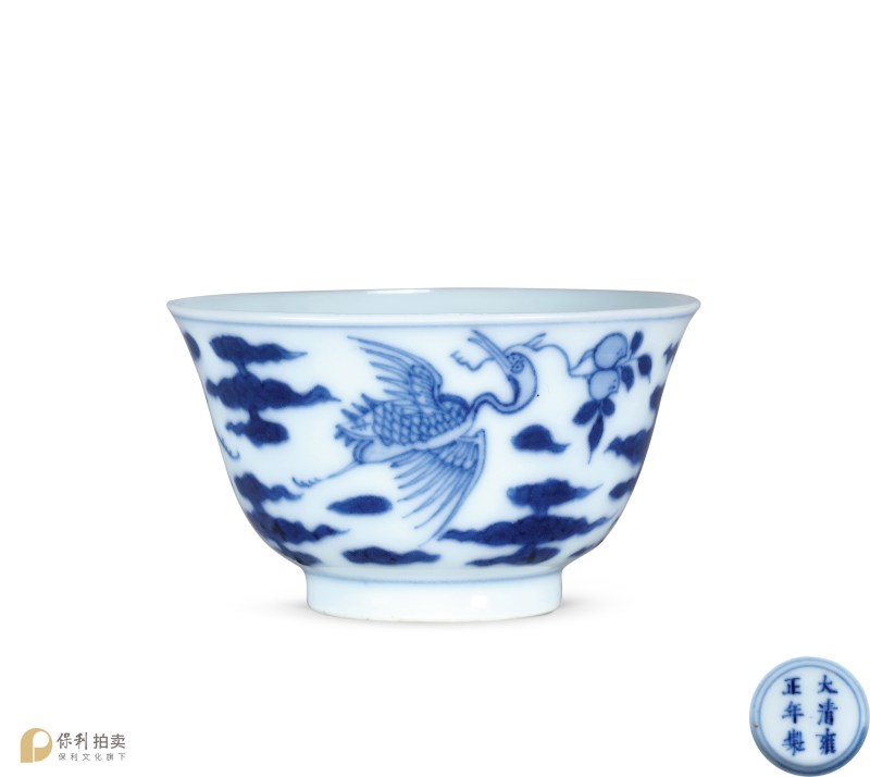 清雍正 青花仙鹤衔桃杯 - 图2