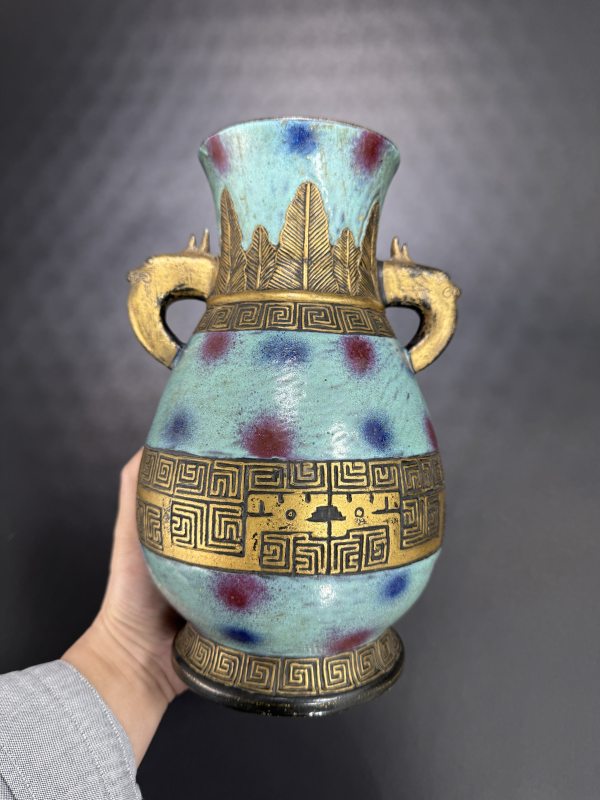 清 桃花洞釉描金仿古双兽耳尊 - 图5