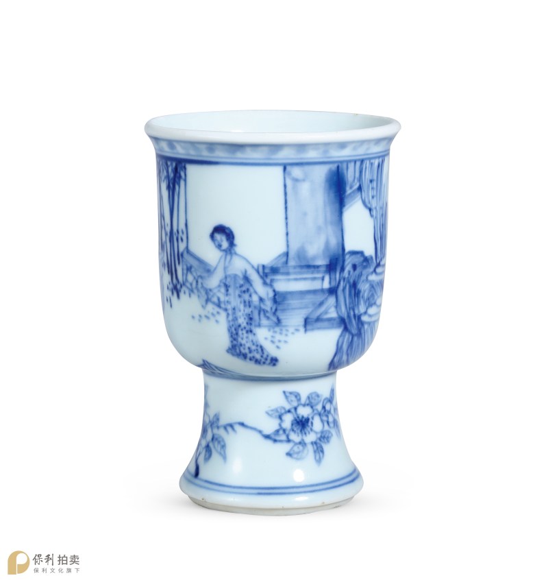 清顺治 青花西厢记故事高足杯 - 图3