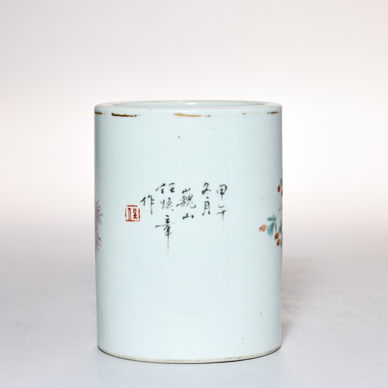 民国 浅降彩花鸟纹笔筒 - 图4