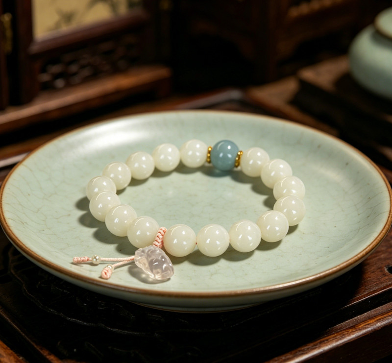 10mm白玉圆珠海蓝宝粉晶组手串 - 图1