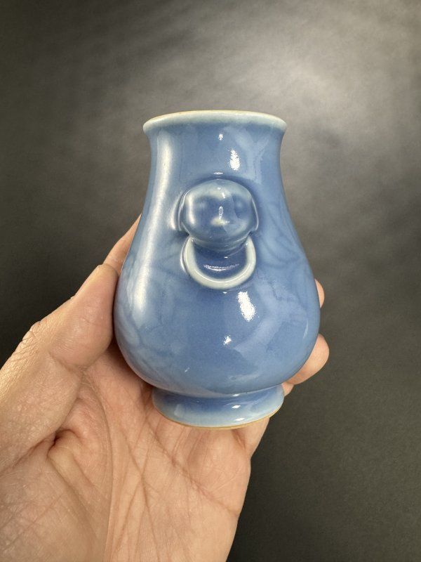 清 天蓝釉暗刻牡丹花双兽耳衔环小尊 - 图4