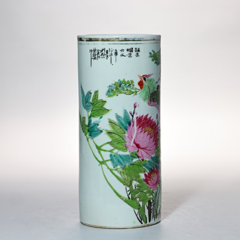 民国 粉彩描金花鸟纹帽筒 - 图9