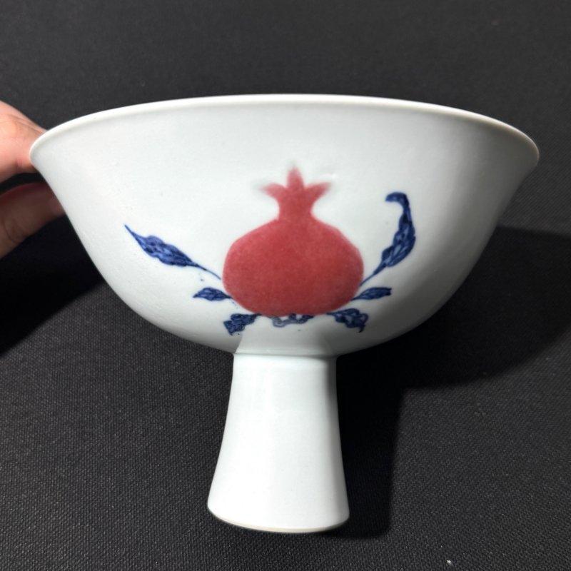 清雍正 青花釉里红三多纹高足碗 - 图3