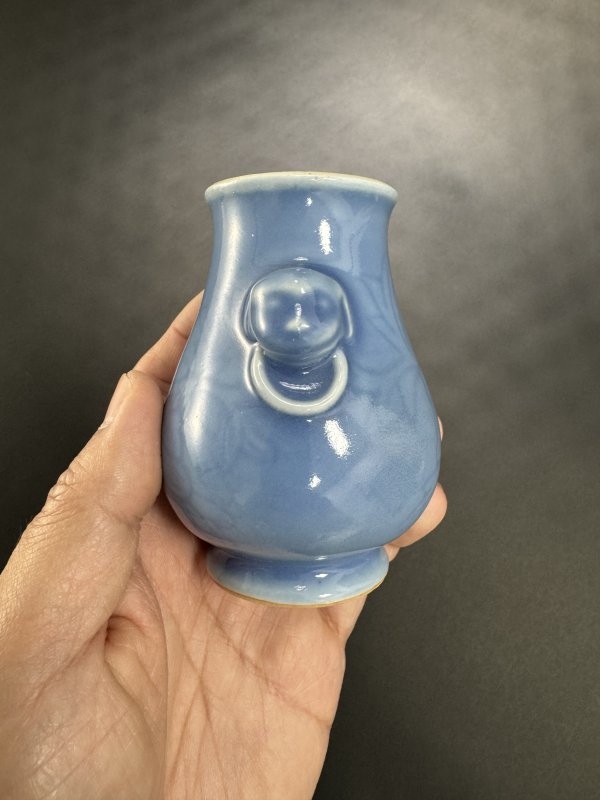 清 天蓝釉暗刻牡丹花双兽耳衔环小尊 - 图6
