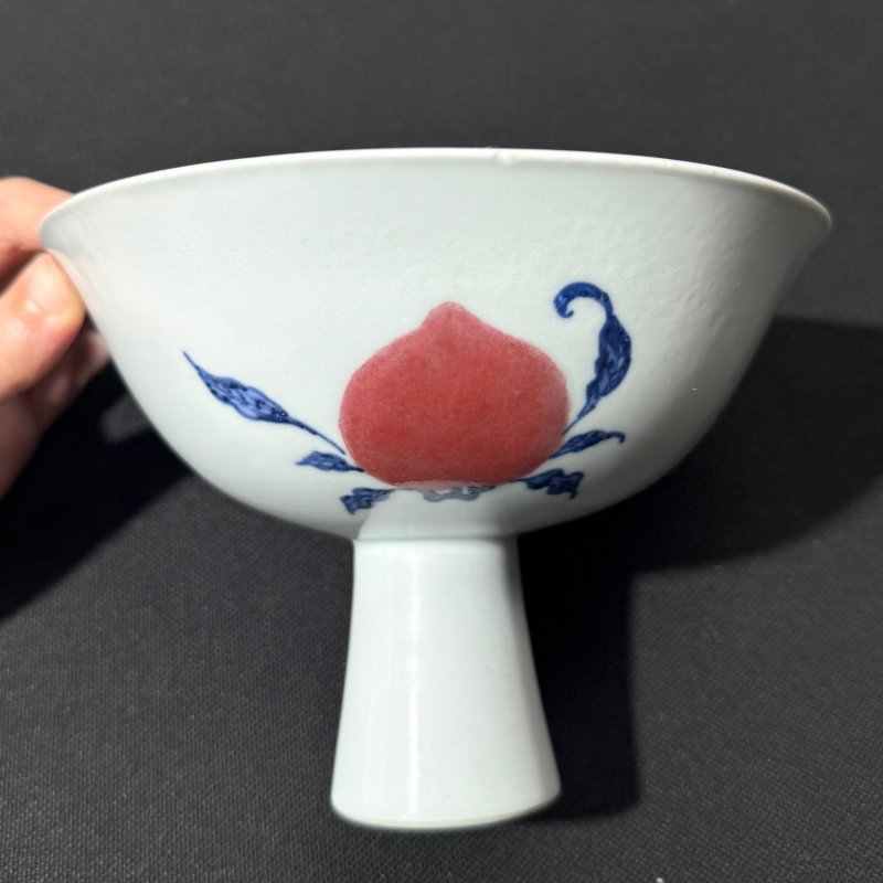 清雍正 青花釉里红三多纹高足碗 - 图5