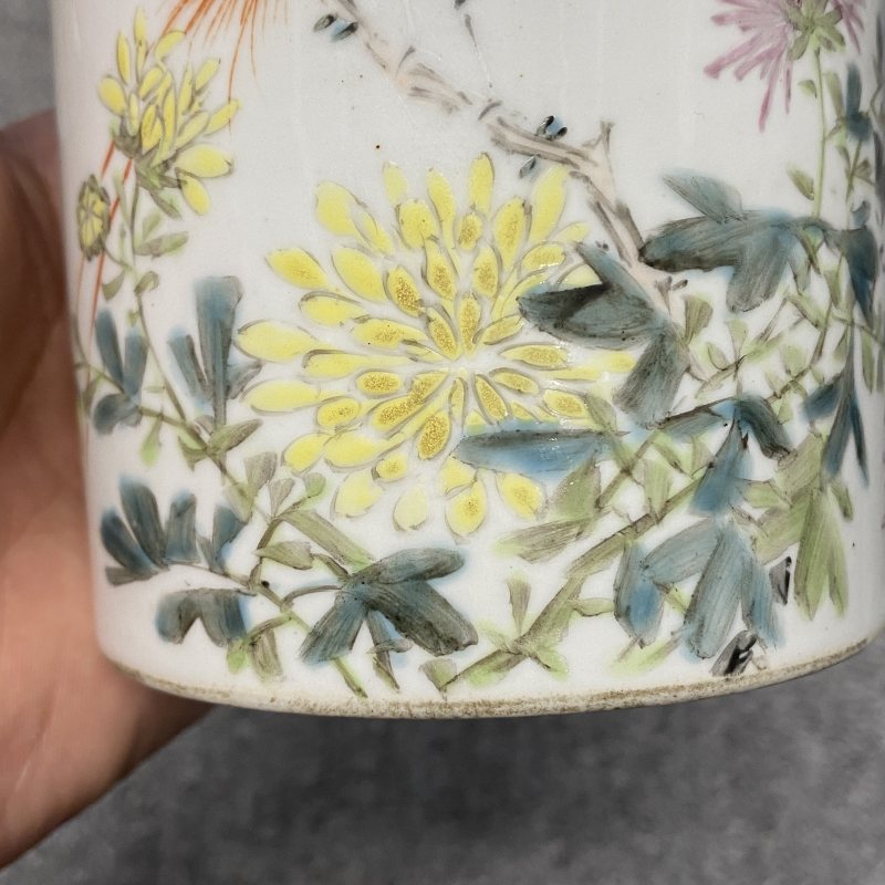 民国 浅降彩花鸟纹笔筒 - 图9