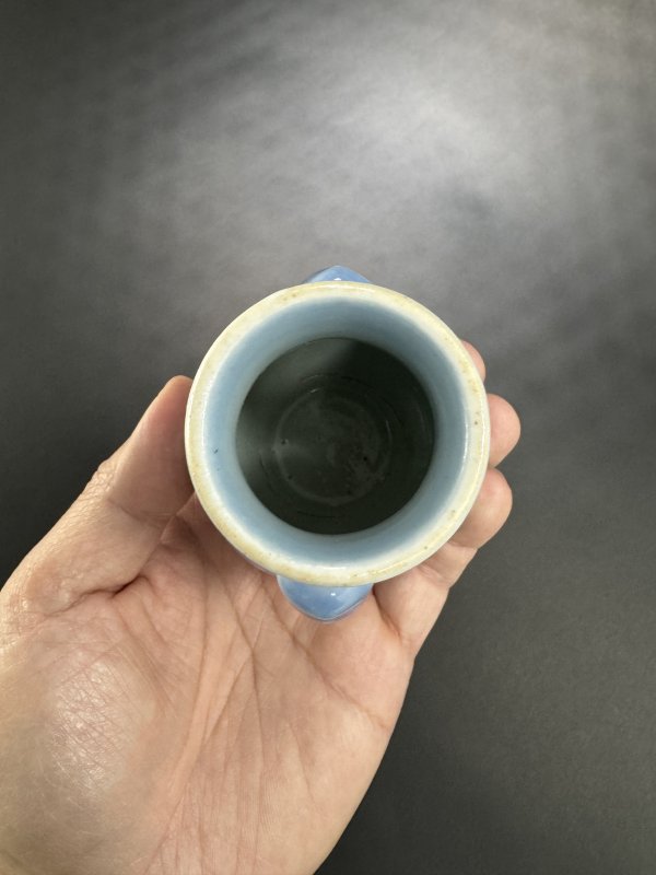 清 天蓝釉暗刻牡丹花双兽耳衔环小尊 - 图7