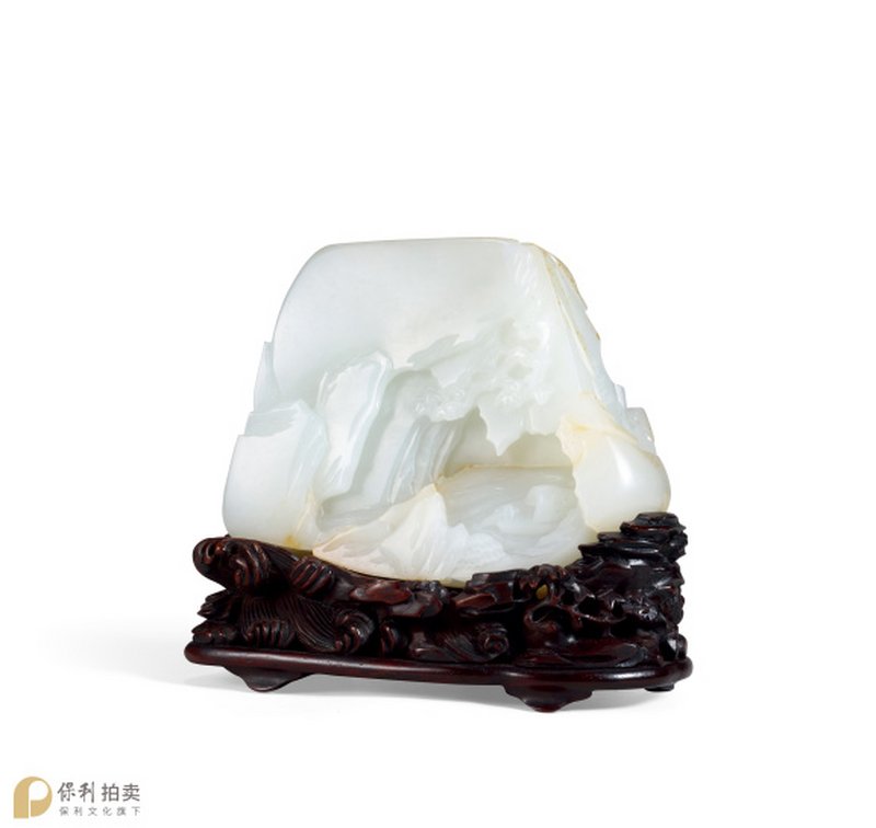 清中期 白玉留皮雕高仕谢琴访友图山子