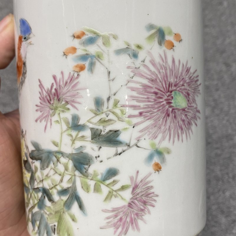 民国 浅降彩花鸟纹笔筒 - 图10