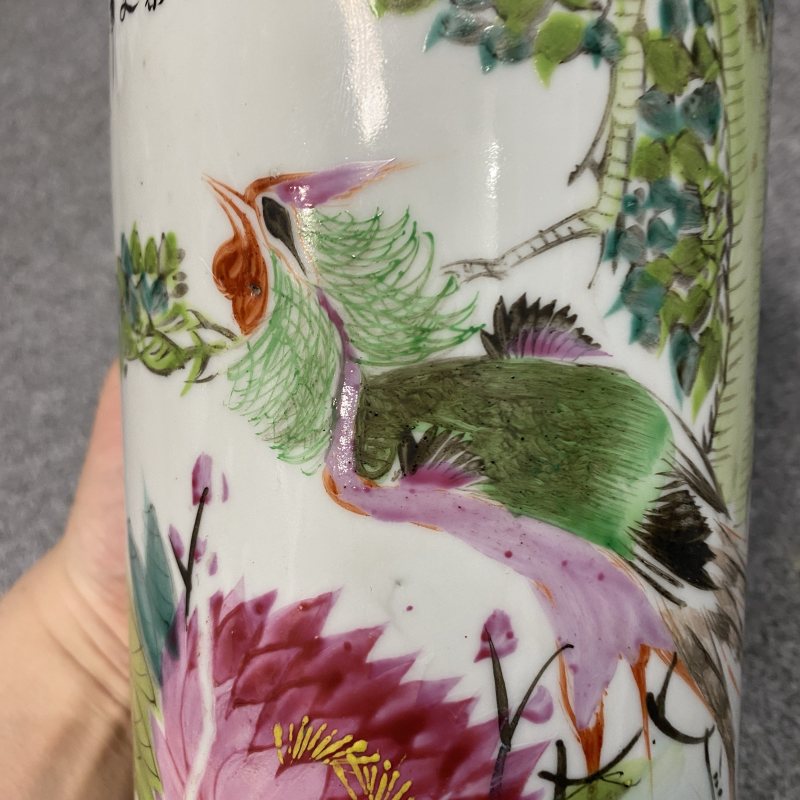 民国 粉彩描金花鸟纹帽筒 - 图14