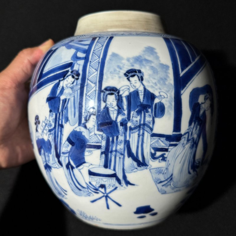 清康熙 青花鸳鸯绦图罐 - 图2