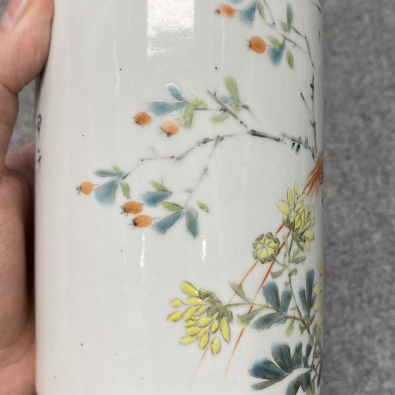 民国 浅降彩花鸟纹笔筒 - 图12