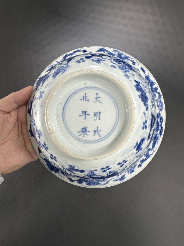 清康熙 青花荷塘鹭鸶纹折沿碗 - 图10