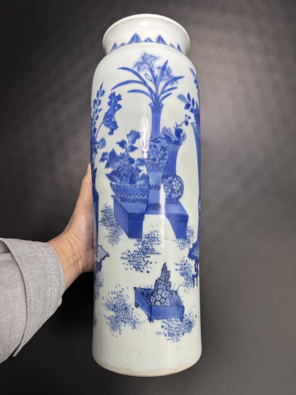 明崇祯 青花通景瓶花清供图筒瓶 - 图13