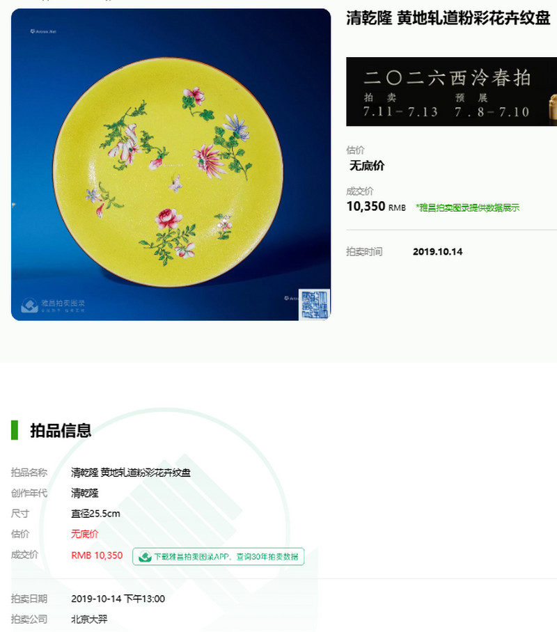 清乾隆 黄地轧道粉彩折枝花卉纹盘 - 图15